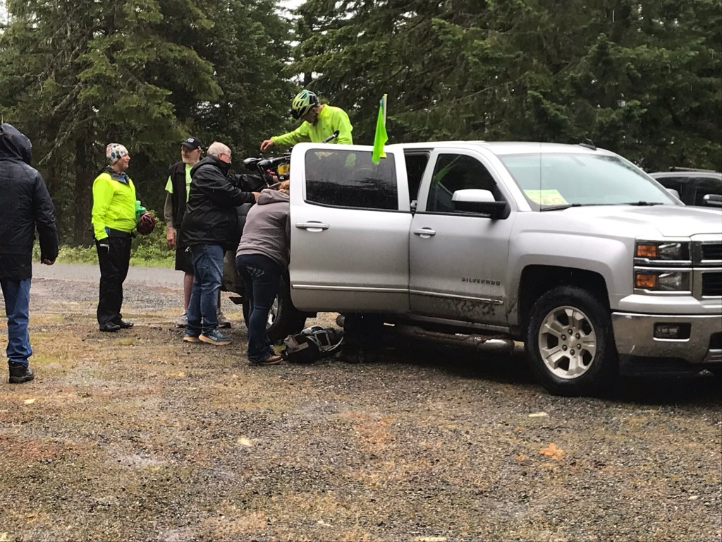 Patient being evaluated in the sag wagon.