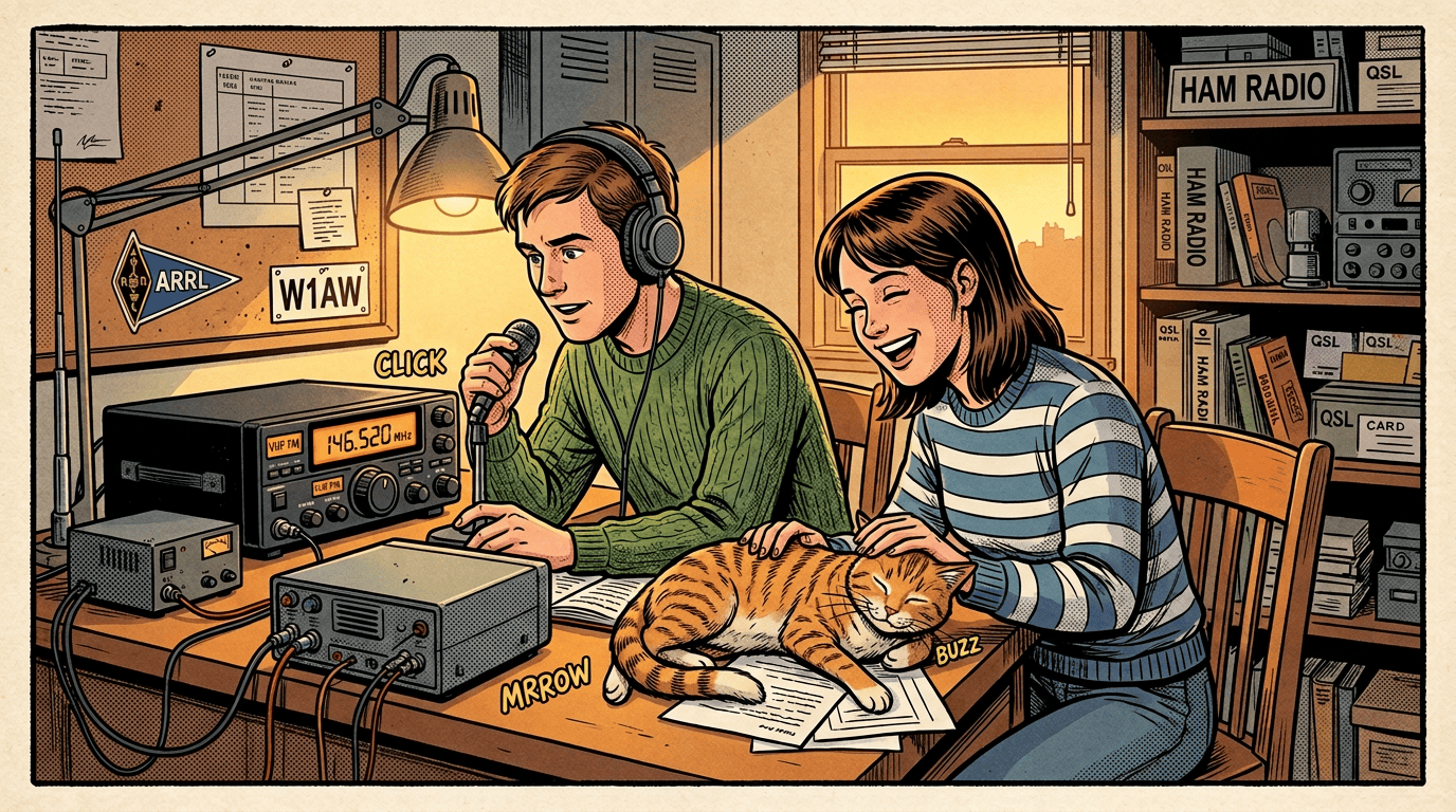 Two ham radio operators with a sleeping cat, tuning to 146.520 MHz
