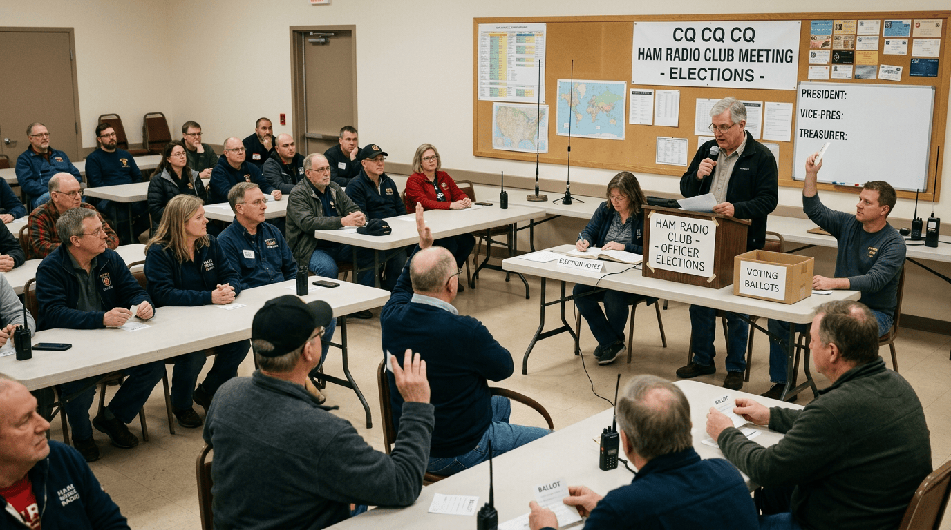 Ham radio club members conducting officer elections in a meeting room