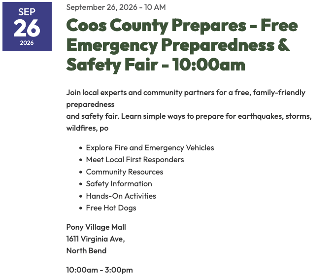 Event flyer for the Coos County prepares emergency preparedness and safety fair on September 26, 2026, featuring local experts, community resources, hands-on activities, and free hot dogs.