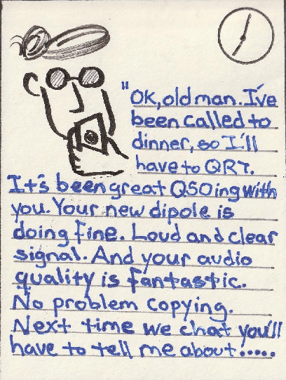 Illustration of a cartoonish man wearing glasses and a hat, holding a piece of paper, with a speech bubble saying he must leave for dinner. The background features a sketched clock and hand-drawn elements.