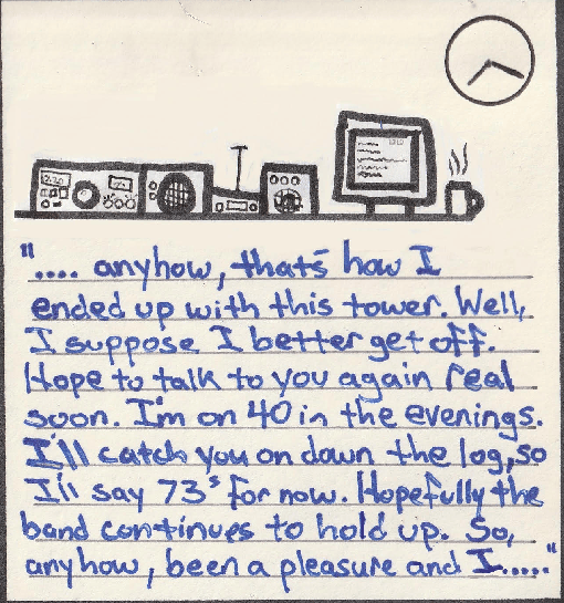 Handwritten note discussing a communication tower and radio equipment, with a drawing of a radio setup and a computer monitor.