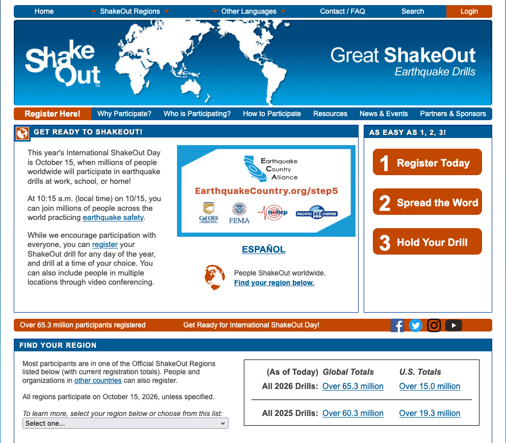 Website for the Great ShakeOut, promoting earthquake drills on International ShakeOut Day, October 15, with options to register, spread the word, and hold drills.