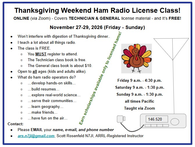 Promotional flyer for a Thanksgiving weekend Ham Radio License class, scheduled online via Zoom from November 27-29, 2026. The flyer highlights class details including registration information, class times, and contact info.
