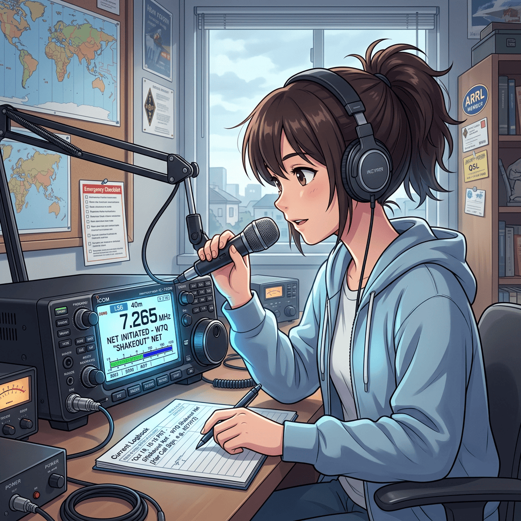 Young woman broadcasting on amateur radio, showing 7.265 MHz and W7Q call sign