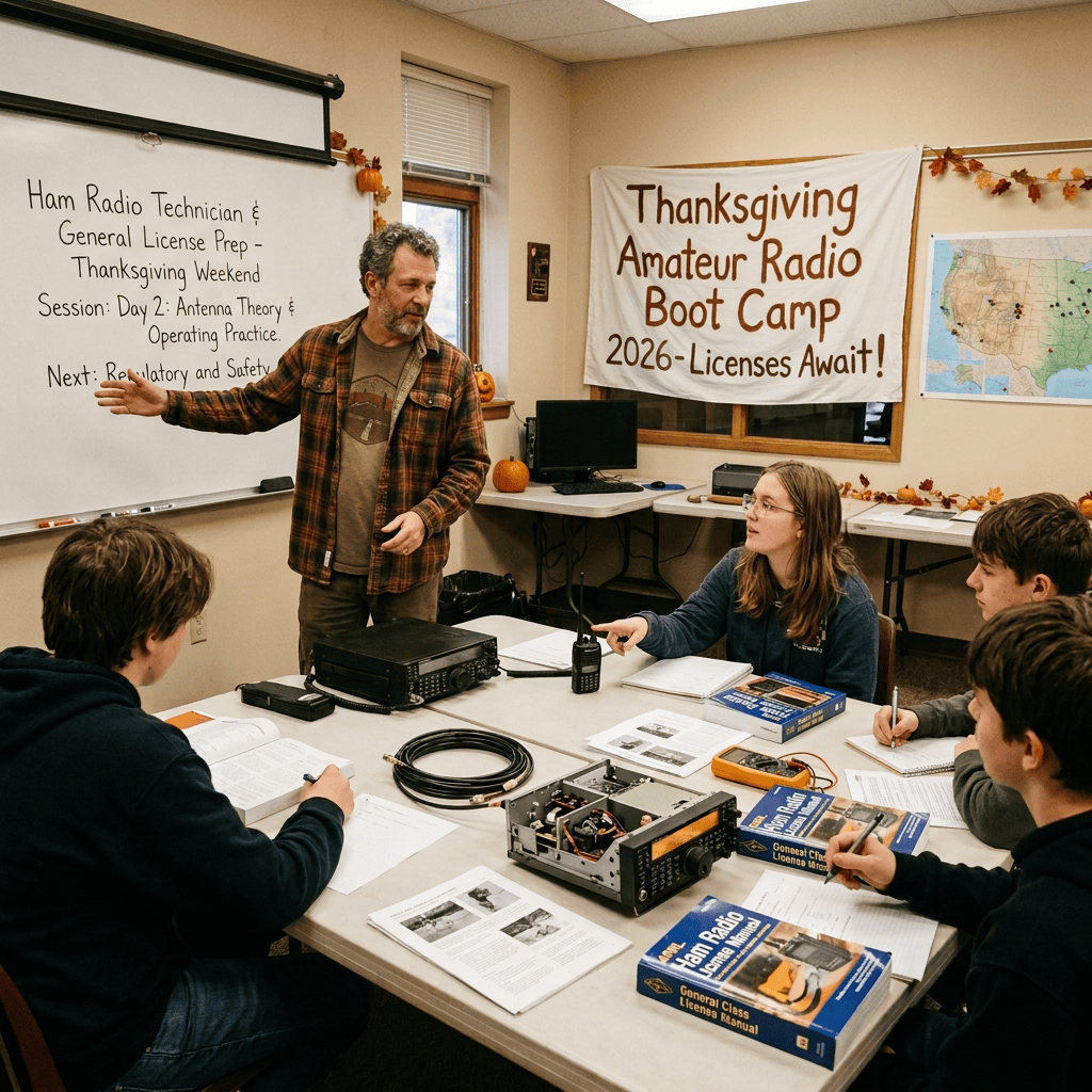 Instructor teaches students beside “Thanksgiving Amateur Radio Boot Camp 2024—Licenses Await!” banner.